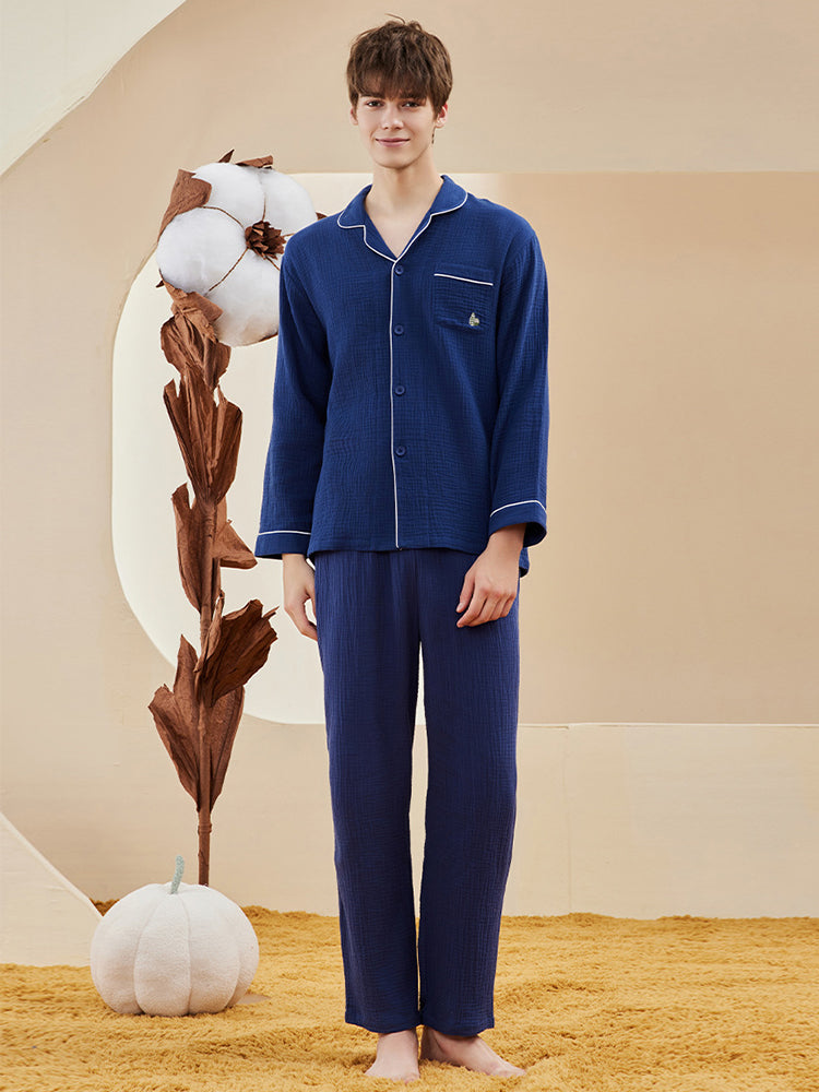 Double-layered Crepe 100% Cotton Solid Color Couple Pajamas Set | dmunderwear detail image 6