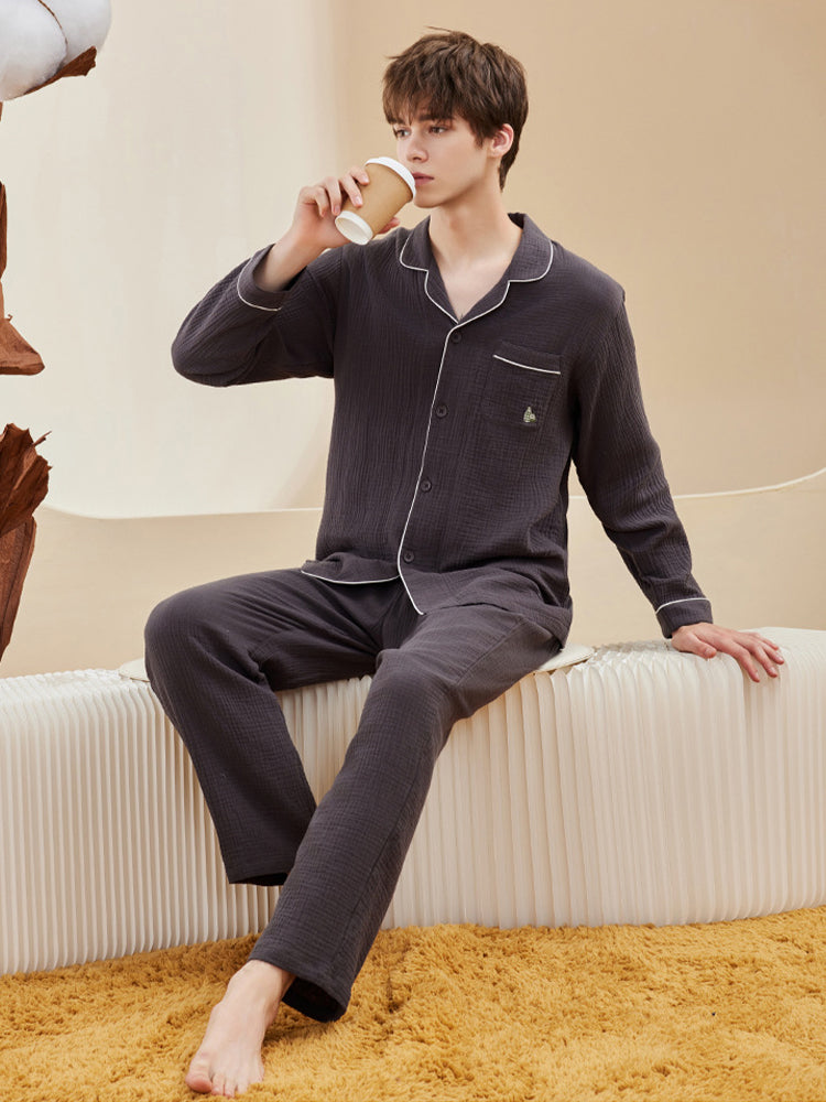 Double-layered Crepe 100% Cotton Solid Color Couple Pajamas Set | dmunderwear detail image 7