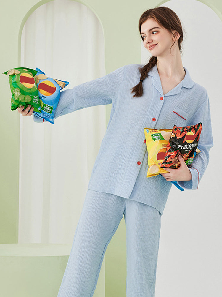 Double-layered Crepe 100% Cotton Solid Color Couple Pajamas Set | dmunderwear detail image 8