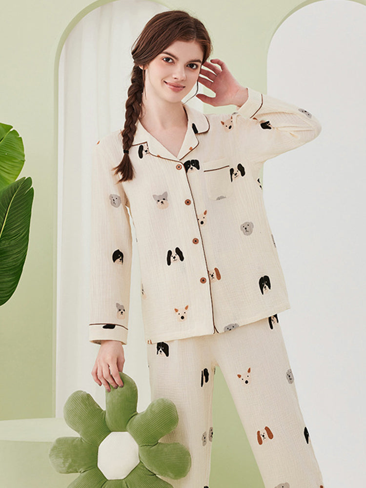Double-layered Crepe 100% Cotton Solid Color Couple Pajamas Set | dmunderwear detail image 9
