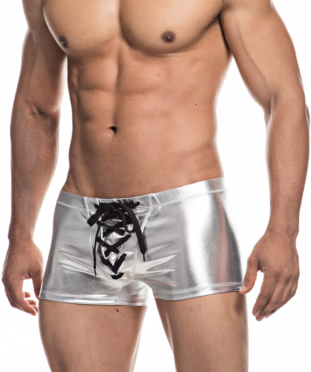 ORVLS Faux Leather Metallic Swim Trunks | dmunderwear detail image 3