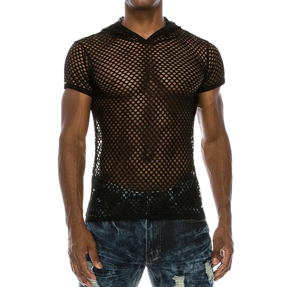 Hollow out hoodie short sleeve see through solid top | dmunderwear