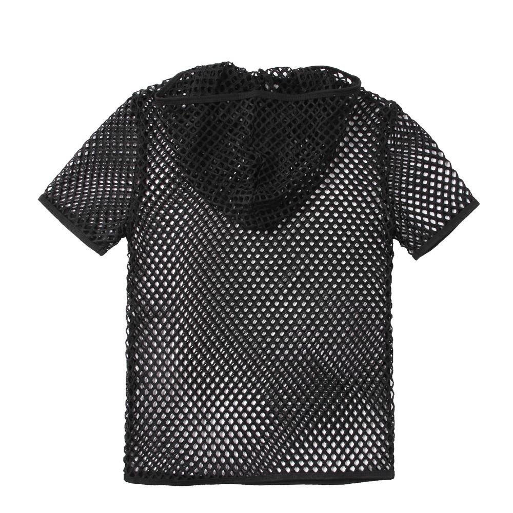 Hollow out hoodie short sleeve see through solid top | dmunderwear detail image 5