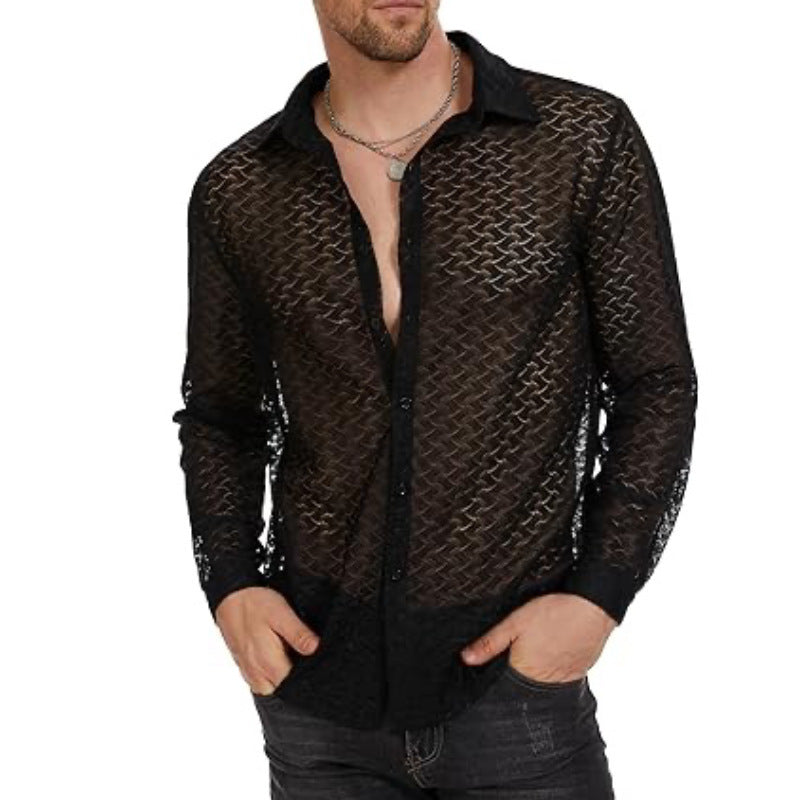 Hollow out turnover collar button long sleeve solid shirt top | dmunderwear detail image 8
