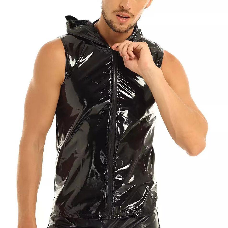 Hoodie zip-up metallic sleeveless patchwork top | dmunderwear