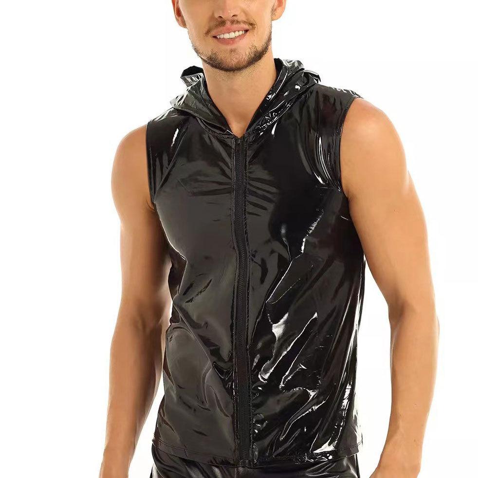 Hoodie zip-up metallic sleeveless patchwork top | dmunderwear detail image 2
