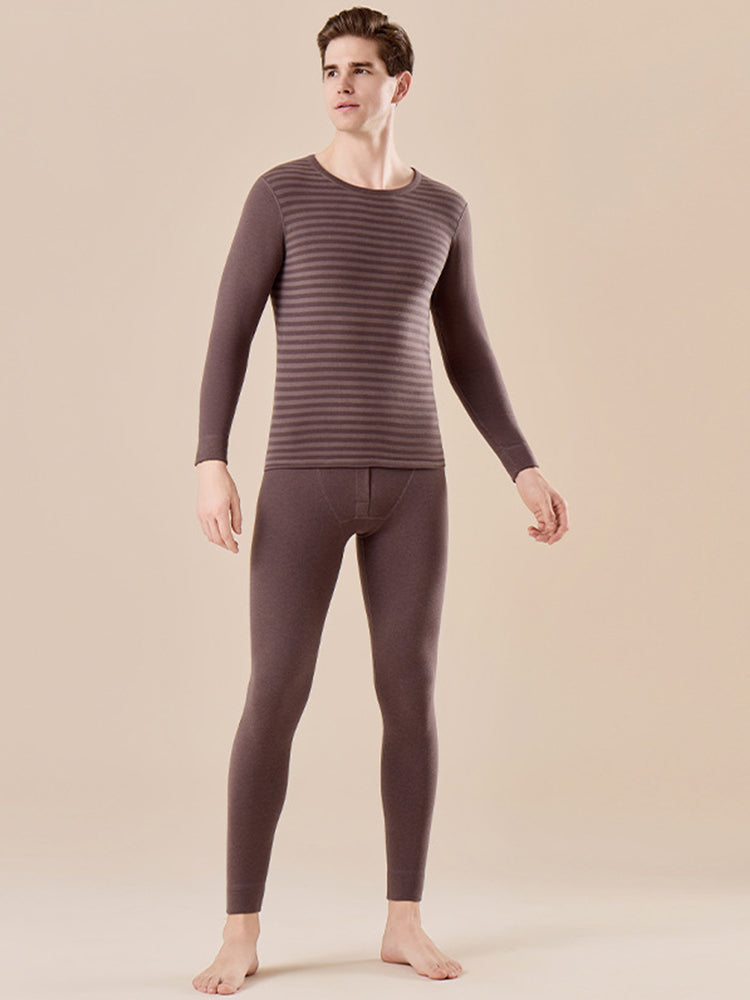 Men's Antibacterial Thickened Brushed Slimming Horizontal Stripe Design Thermal Sets | dmunderwear