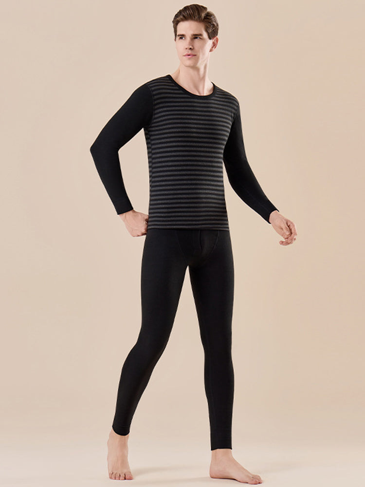 Men's Antibacterial Thickened Brushed Slimming Horizontal Stripe Design Thermal Sets | dmunderwear detail image 2