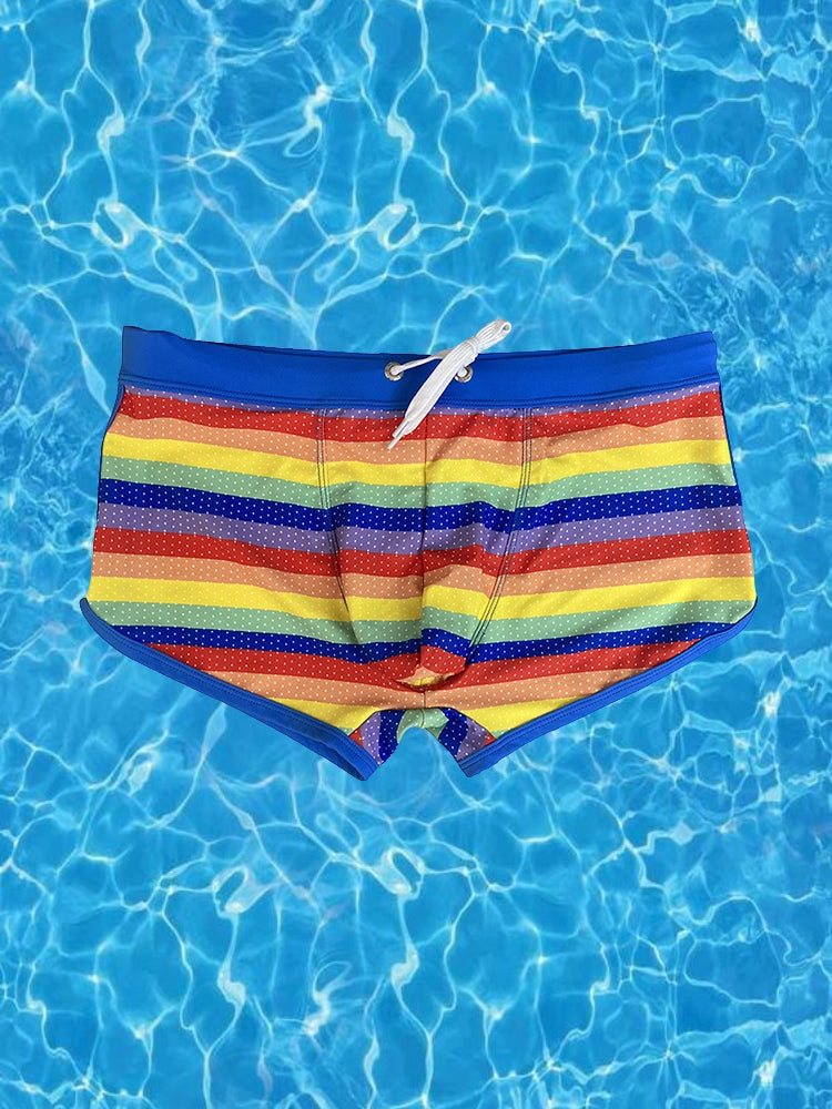 Men's Eco-Friendly Fabric Modern Cut Rainbow Striped Swim Trunks | dmunderwear