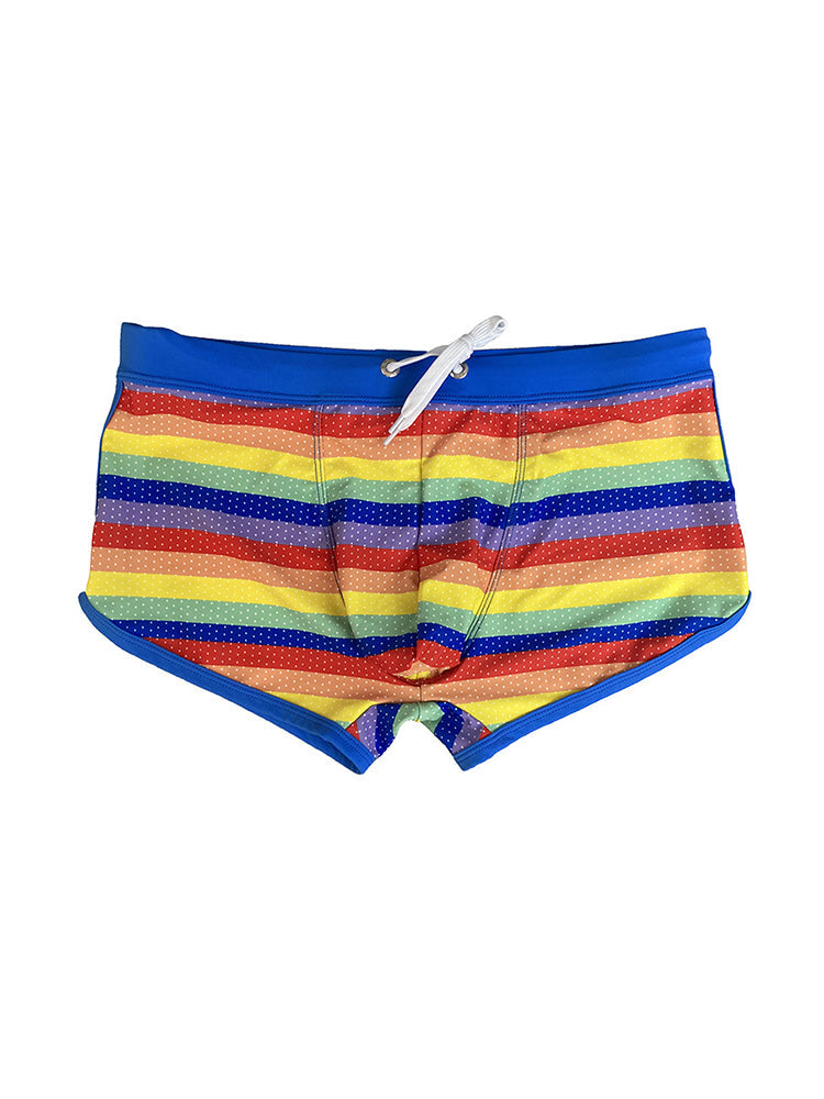 Men's Eco-Friendly Fabric Modern Cut Rainbow Striped Swim Trunks | dmunderwear detail image 2