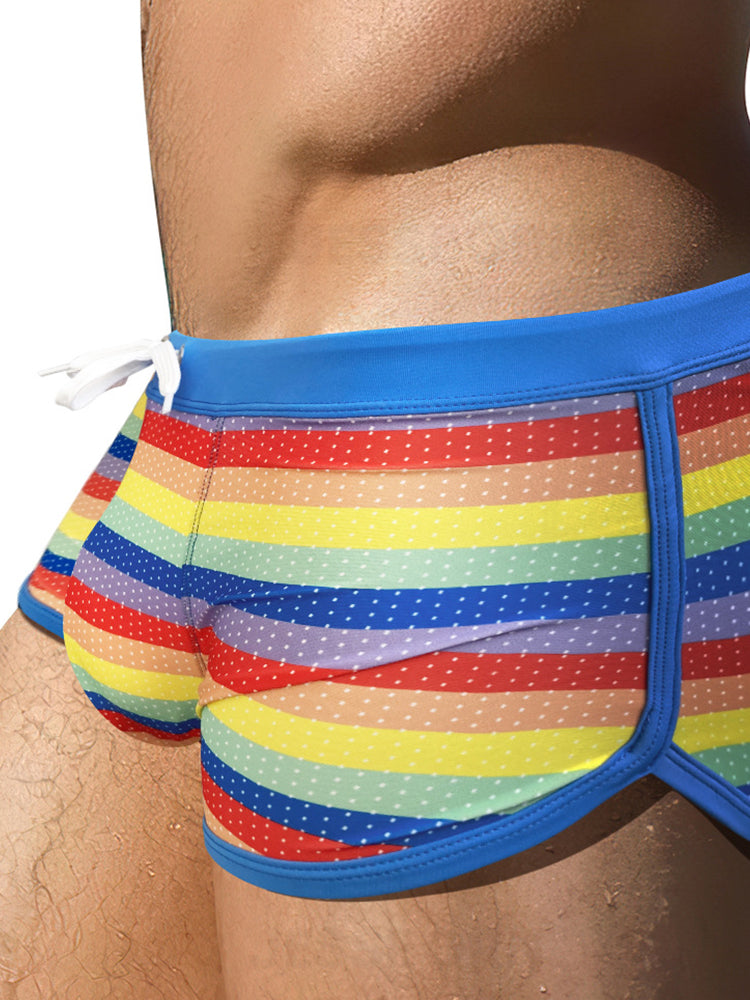 Men's Eco-Friendly Fabric Modern Cut Rainbow Striped Swim Trunks | dmunderwear detail image 4