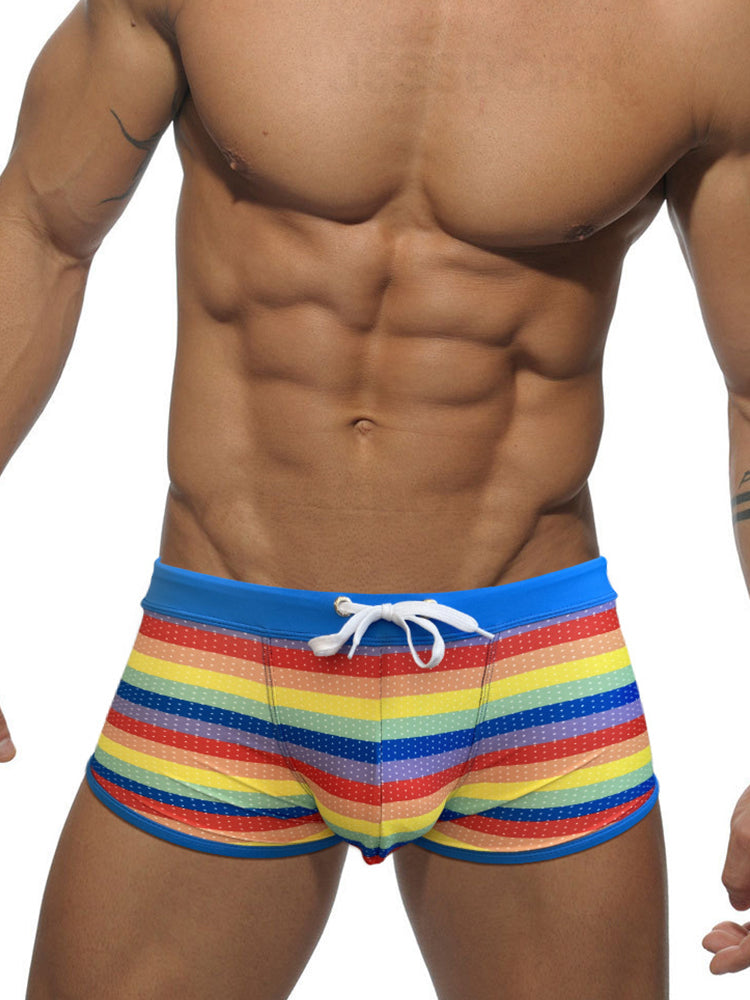 Men's Eco-Friendly Fabric Modern Cut Rainbow Striped Swim Trunks | dmunderwear detail image 5