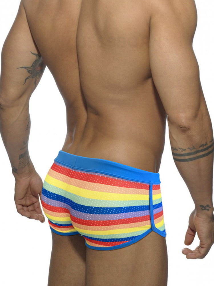 Men's Eco-Friendly Fabric Modern Cut Rainbow Striped Swim Trunks | dmunderwear detail image 6