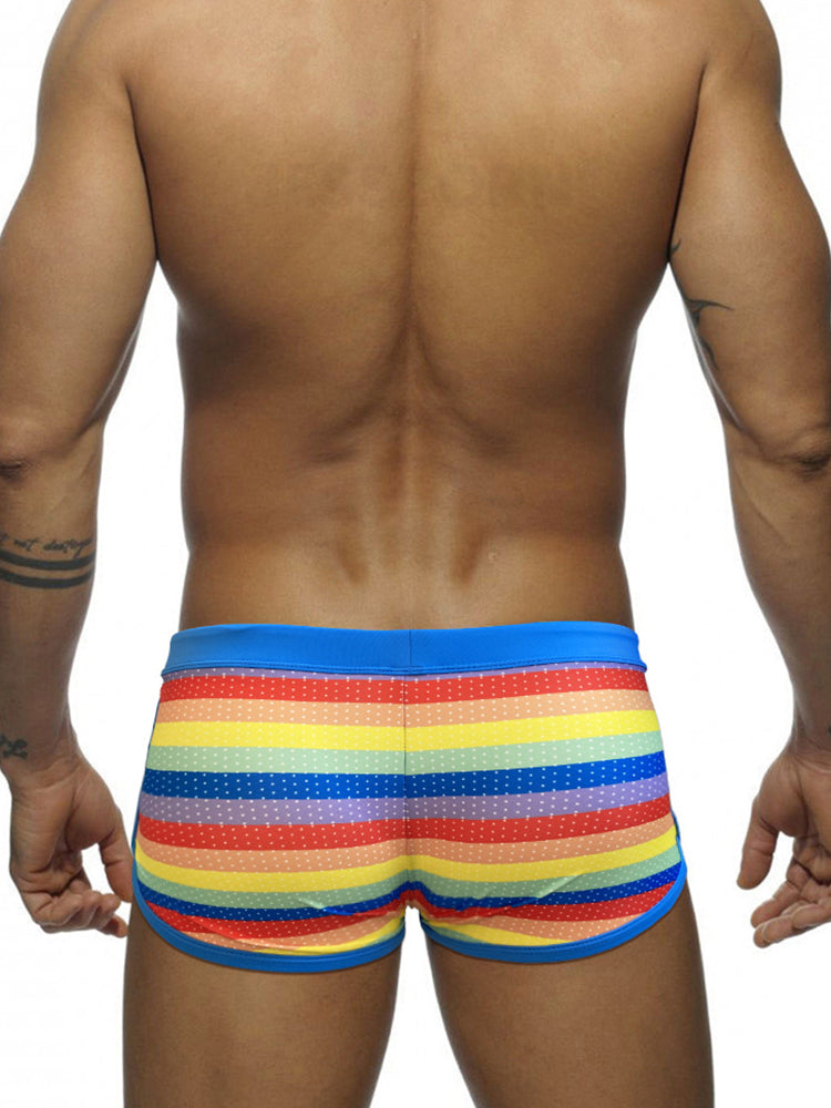 Men's Eco-Friendly Fabric Modern Cut Rainbow Striped Swim Trunks | dmunderwear detail image 7