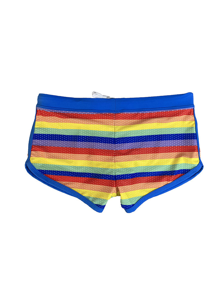 Men's Eco-Friendly Fabric Modern Cut Rainbow Striped Swim Trunks | dmunderwear detail image 8