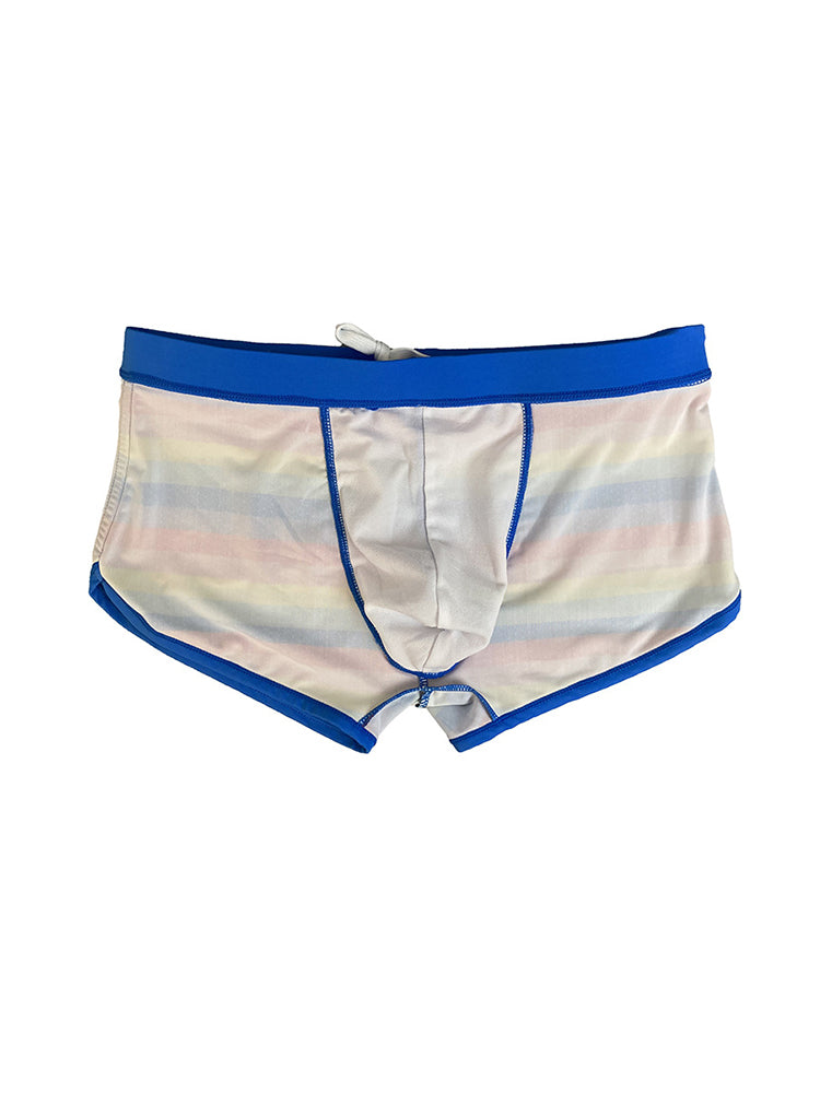 Men's Eco-Friendly Fabric Modern Cut Rainbow Striped Swim Trunks | dmunderwear detail image 9