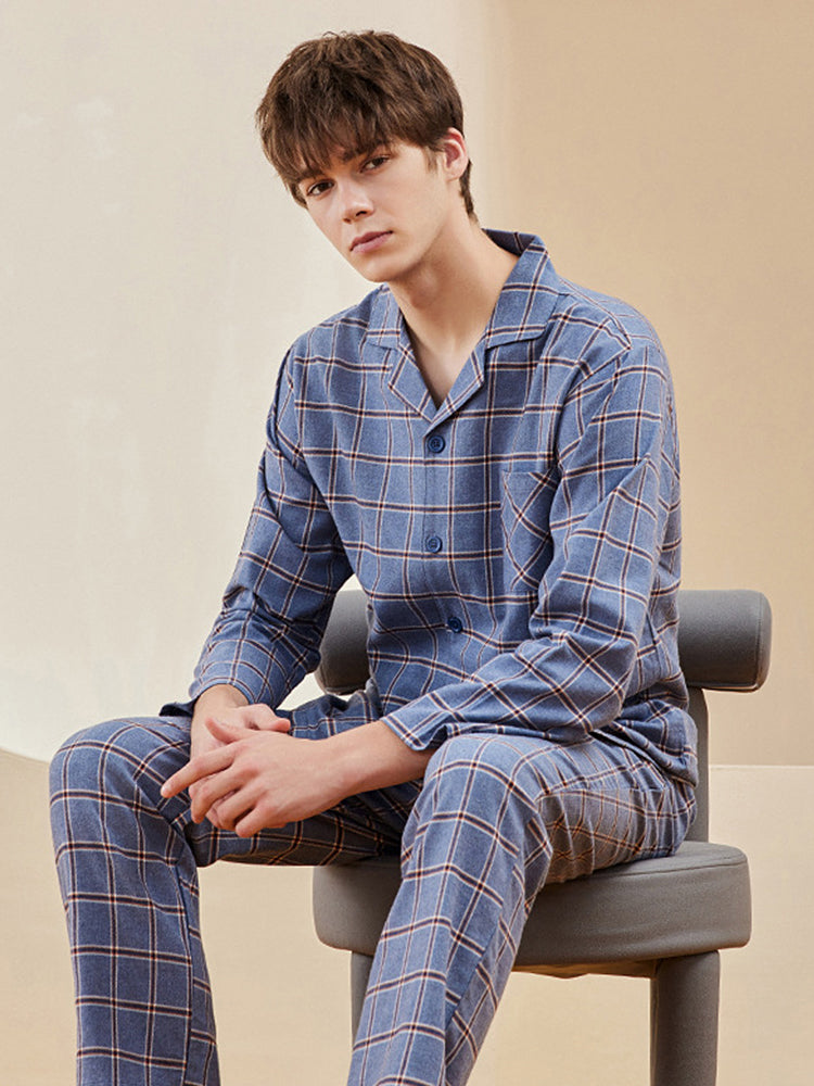 Men's Long Sleeve Woven Brushed Cotton Pajama Set | dmunderwear detail image 4