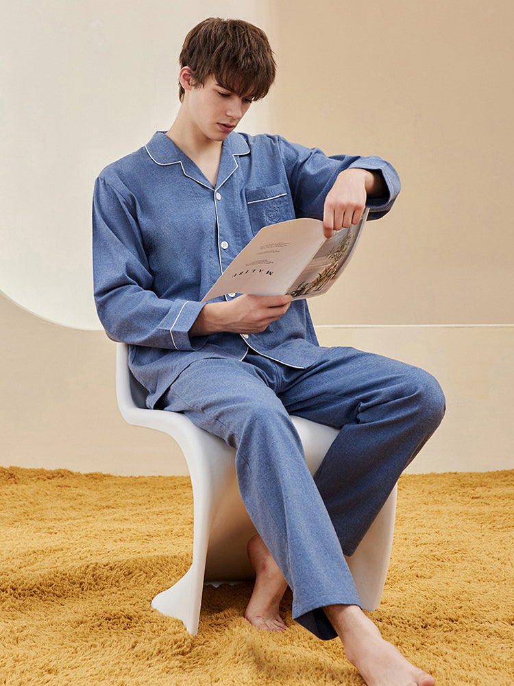 Men's Long Sleeve Woven Brushed Cotton Pajama Set | dmunderwear detail image 5