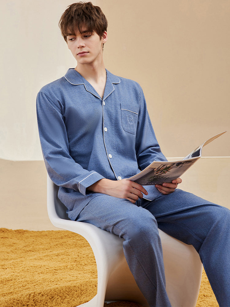 Men's Long Sleeve Woven Brushed Cotton Pajama Set | dmunderwear detail image 6