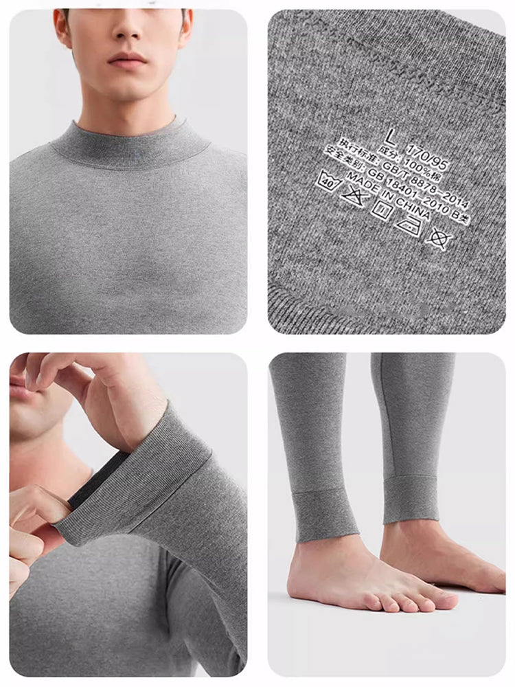 Men's Pure Cotton Mid-Neck Thin Base-Layer Seamless Comfort Thermal Sets | dmunderwear detail image 14