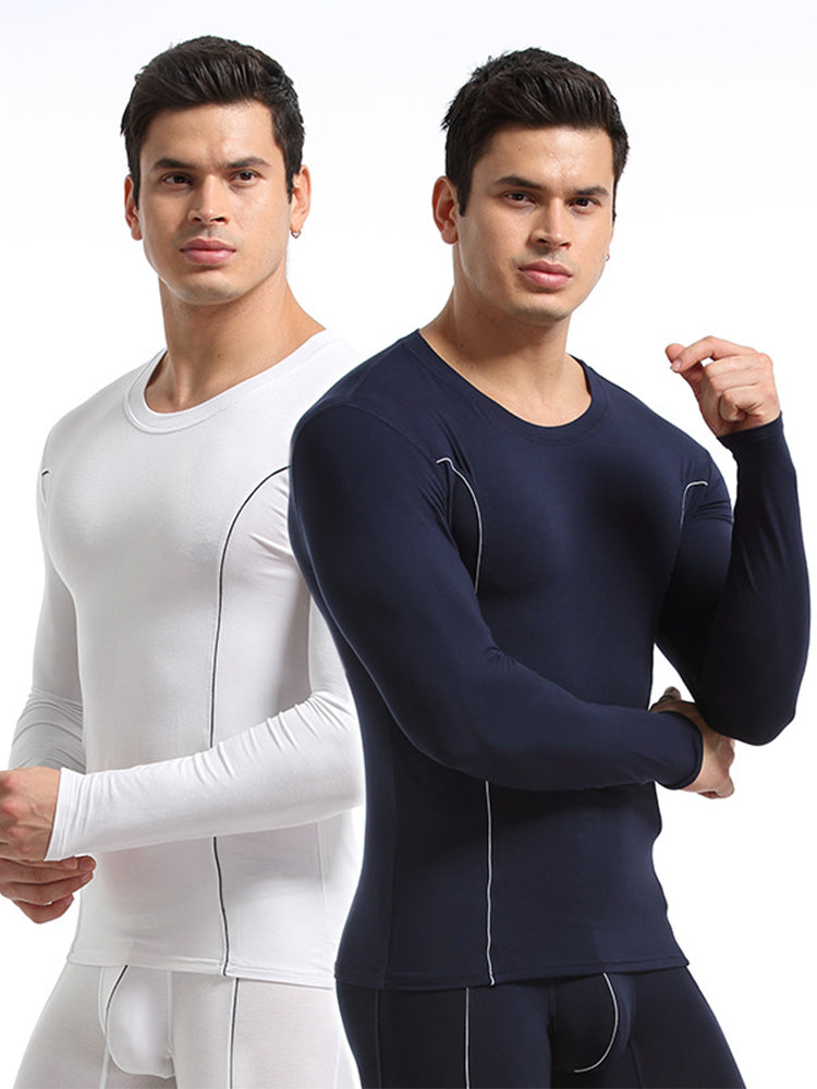 Men's Round Neck Solid Color Bamboo Fiber Thermal Underwear Set | dmunderwear