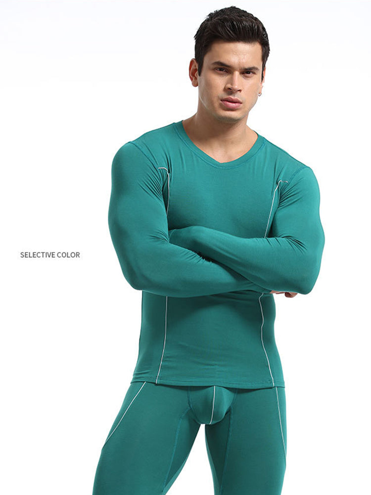 Men's Round Neck Solid Color Bamboo Fiber Thermal Underwear Set | dmunderwear detail image 10