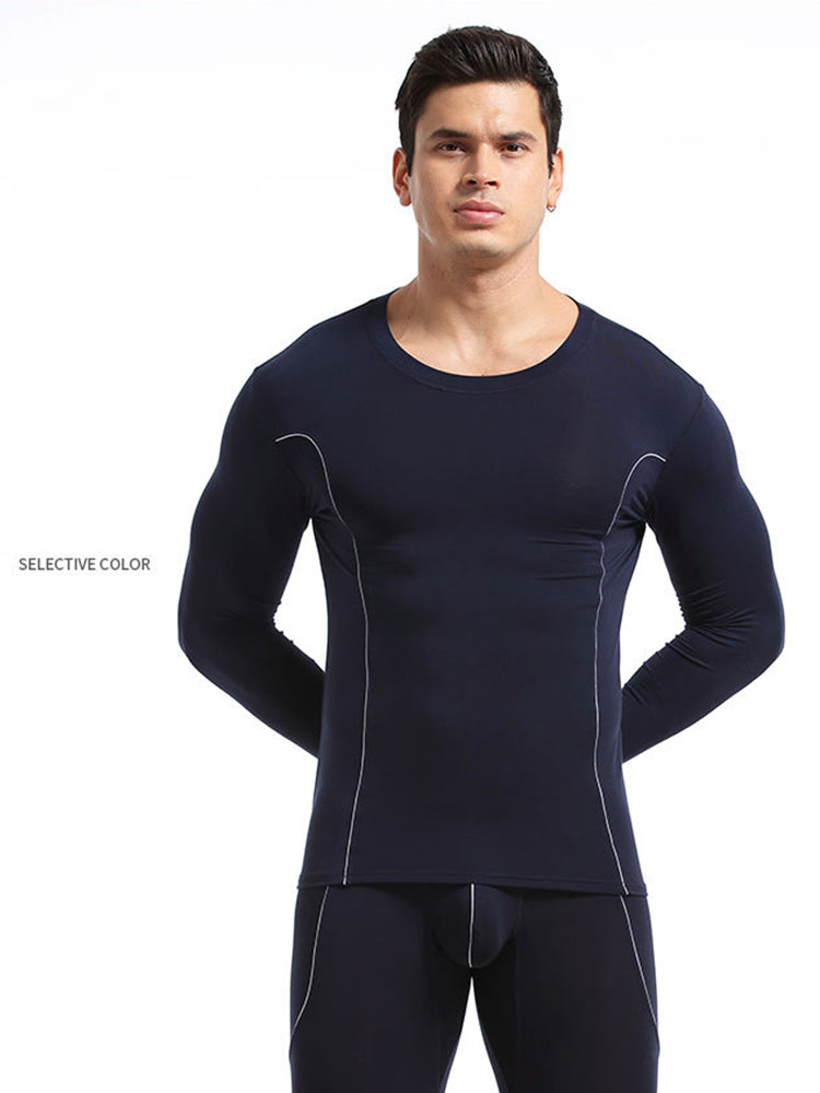 Men's Round Neck Solid Color Bamboo Fiber Thermal Underwear Set | dmunderwear detail image 11