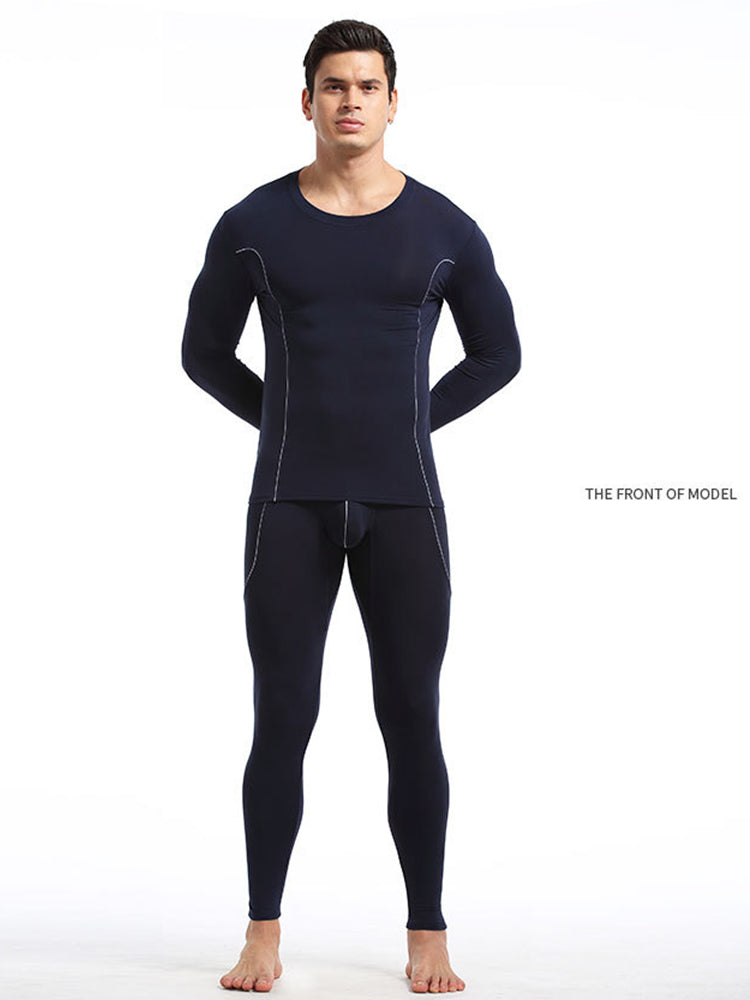 Men's Round Neck Solid Color Bamboo Fiber Thermal Underwear Set | dmunderwear detail image 14