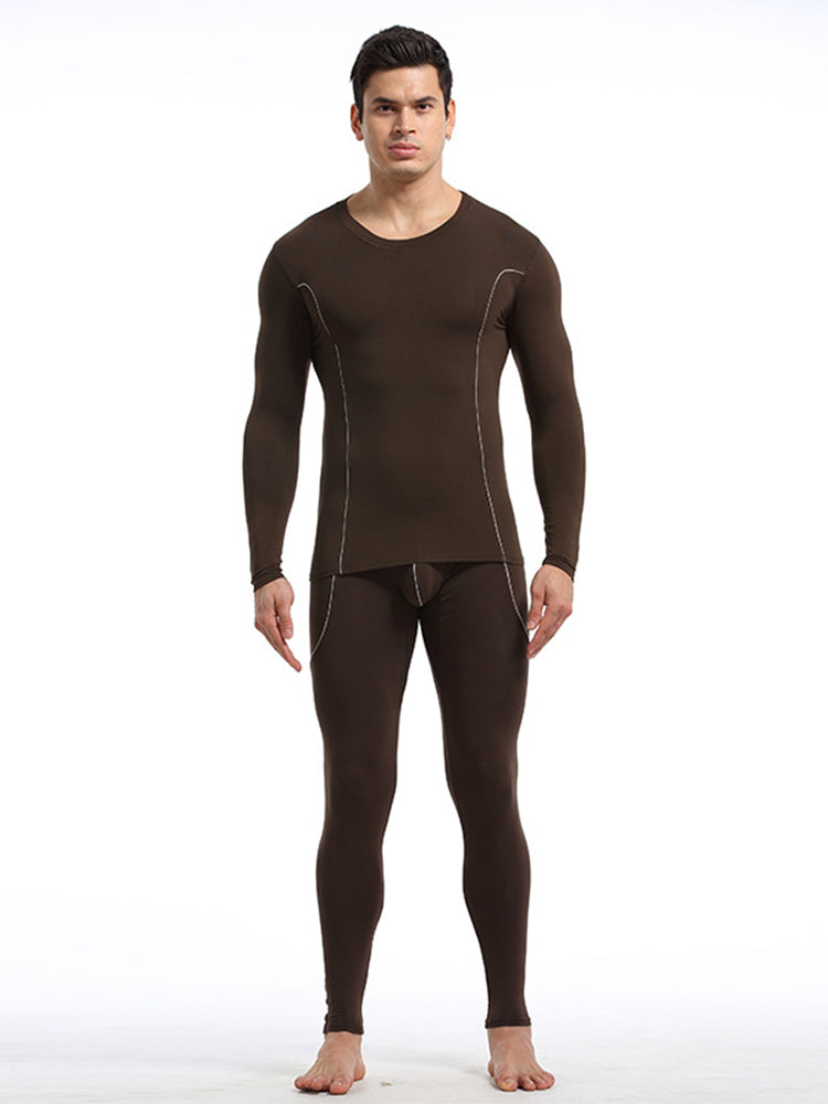 Men's Round Neck Solid Color Bamboo Fiber Thermal Underwear Set | dmunderwear detail image 17