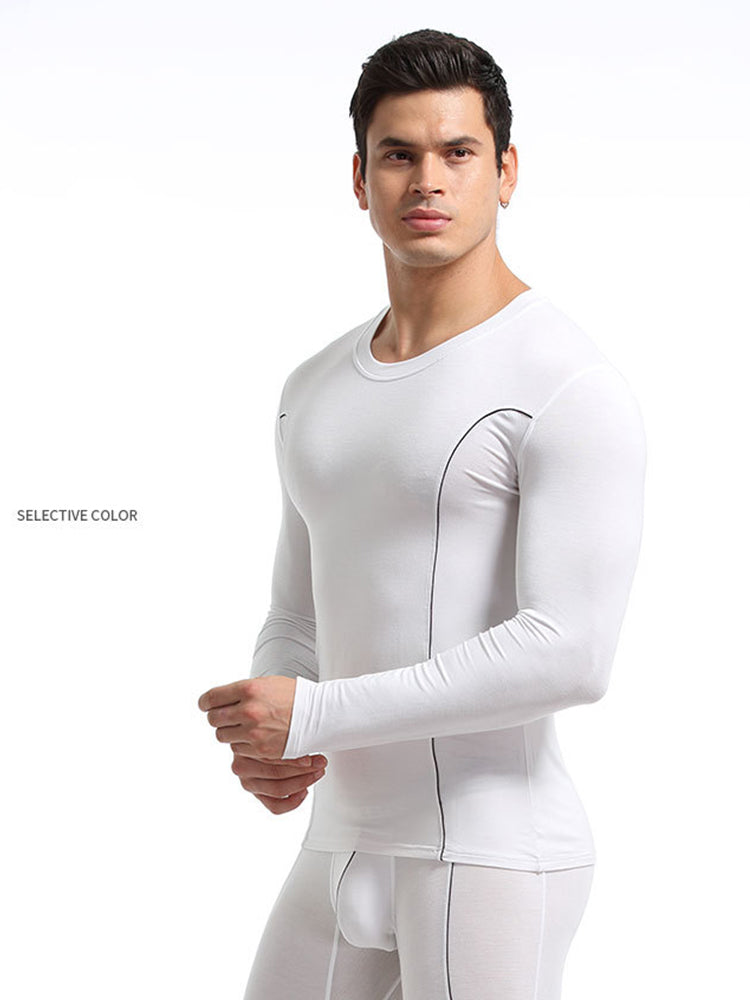 Men's Round Neck Solid Color Bamboo Fiber Thermal Underwear Set | dmunderwear detail image 18