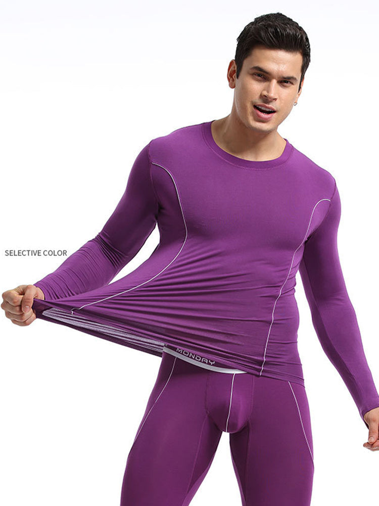 Men's Round Neck Solid Color Bamboo Fiber Thermal Underwear Set | dmunderwear detail image 8