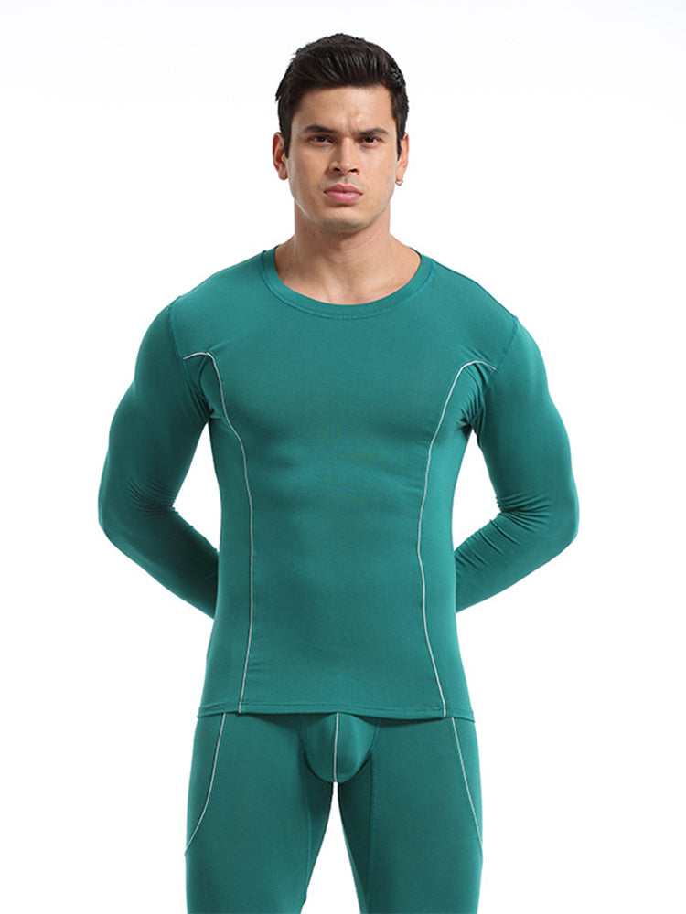 Men's Round Neck Solid Color Bamboo Fiber Thermal Underwear Set | dmunderwear detail image 9