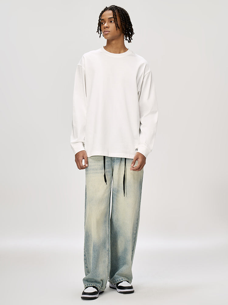 Men's Vintage Soft Pure Cotton Long Sleeve Oversized Relaxed-Fit Loungewear Tops | dmunderwear