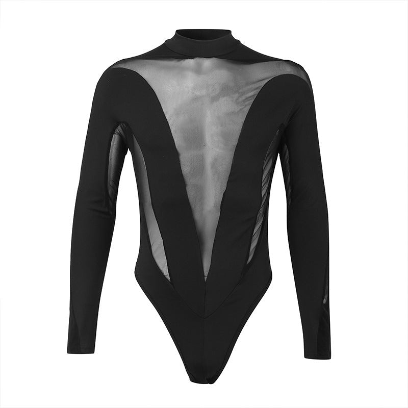 Patchwork mesh long sleeve crewneck button bodysuit | dmunderwear detail image 2