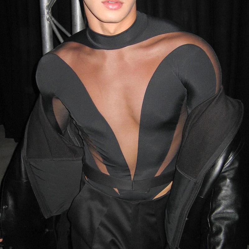 Patchwork mesh long sleeve crewneck button bodysuit | dmunderwear detail image 4