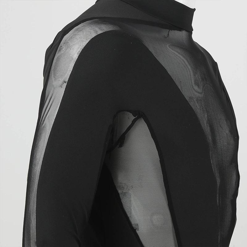 Patchwork mesh long sleeve crewneck button bodysuit | dmunderwear detail image 7