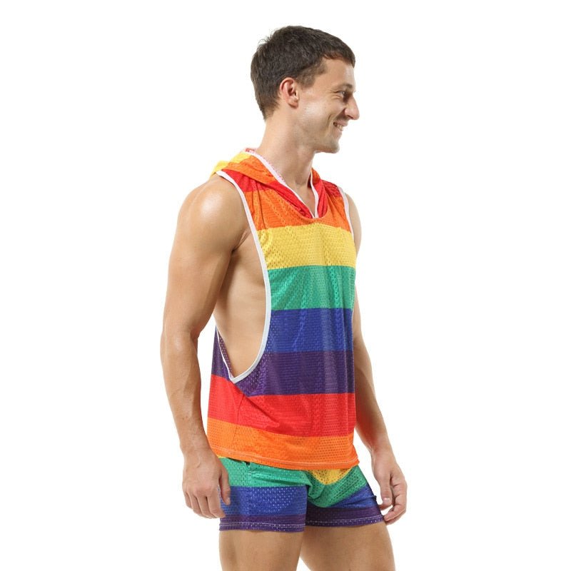 Rainbow Mesh Hoodie Muscle Shirt + Shorts | dmunderwear detail image 4