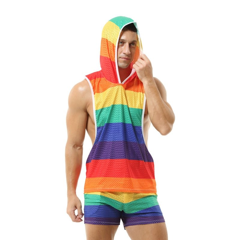 ORVLS Rainbow Mesh Hoodie Muscle Shirt + Shorts | dmunderwear detail image 2