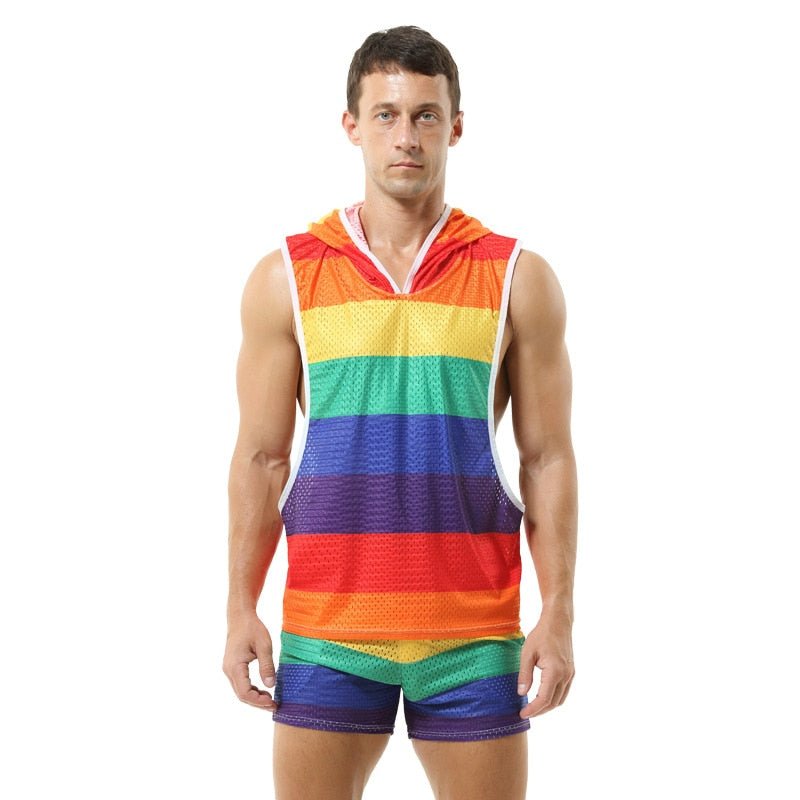 Rainbow Mesh Hoodie Muscle Shirt + Shorts | dmunderwear