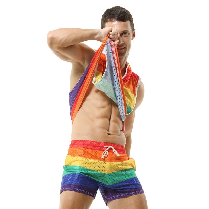 Rainbow Mesh Hoodie Muscle Shirt + Shorts | dmunderwear detail image 3