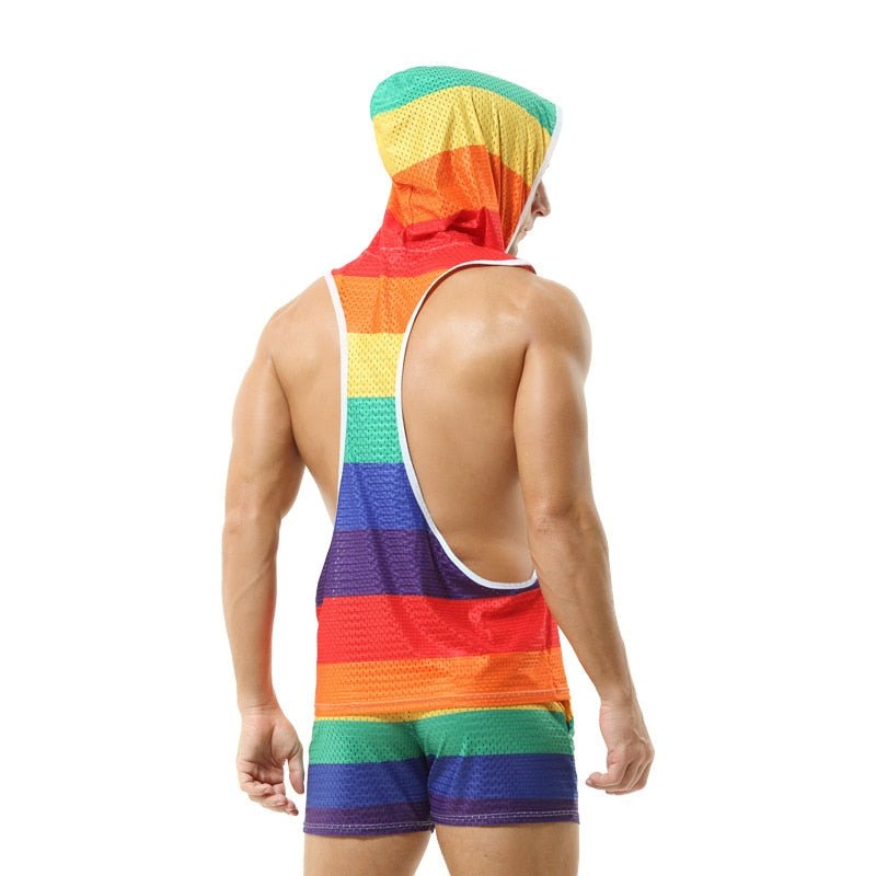 Rainbow Mesh Hoodie Muscle Shirt + Shorts | dmunderwear detail image 5