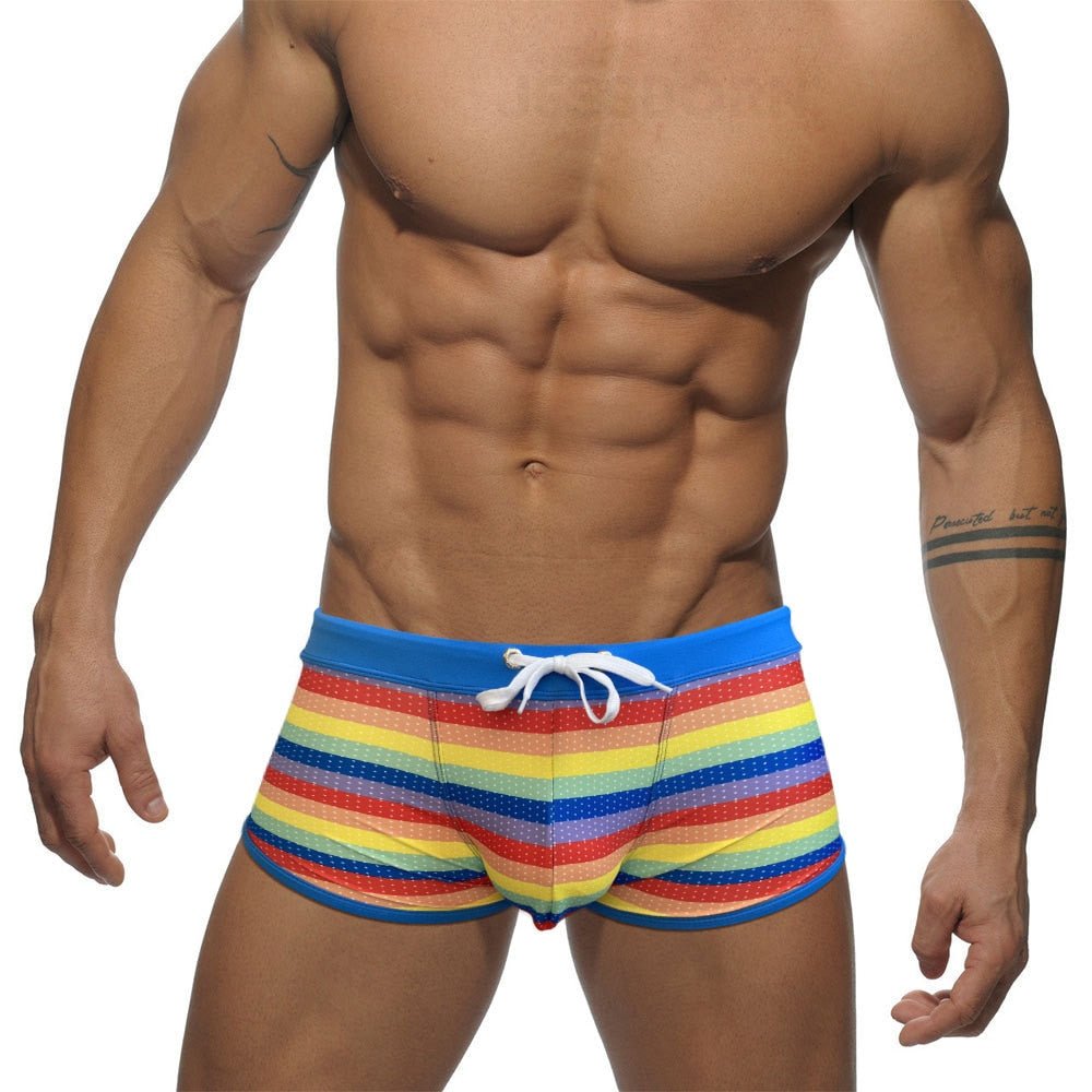 ORVLS Rainbow Mesh Square Cut Swim Trunks | dmunderwear detail image 3