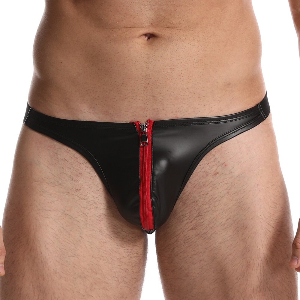 ORVLS Red Zip Under Faux Leather Thong | dmunderwear