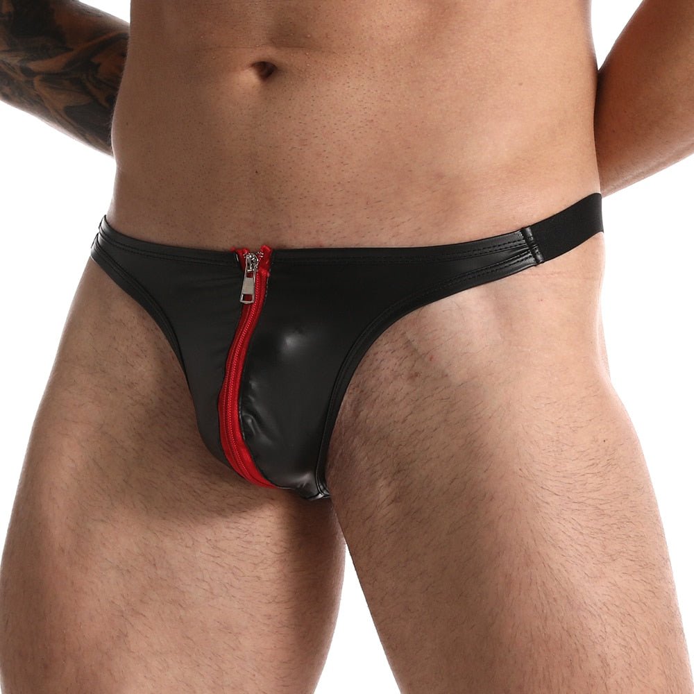 ORVLS Red Zip Under Faux Leather Thong | dmunderwear detail image 2