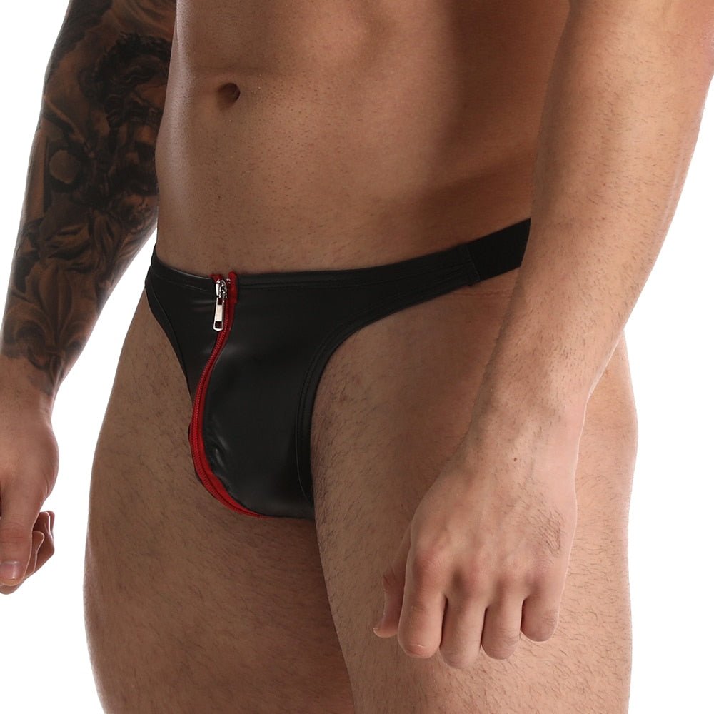 ORVLS Red Zip Under Faux Leather Thong | dmunderwear detail image 3