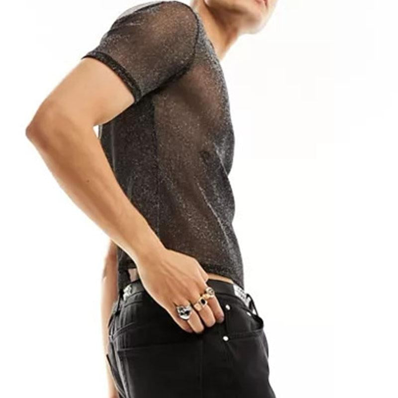 Short sleeve crewneck see through textured solid top | dmunderwear detail image 2