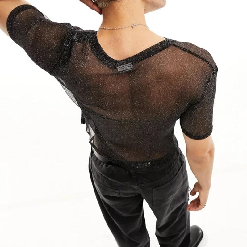 Short sleeve crewneck see through textured solid top | dmunderwear detail image 3