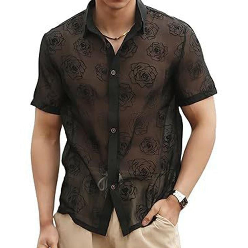 Short sleeve turnover collar print button see through top | dmunderwear