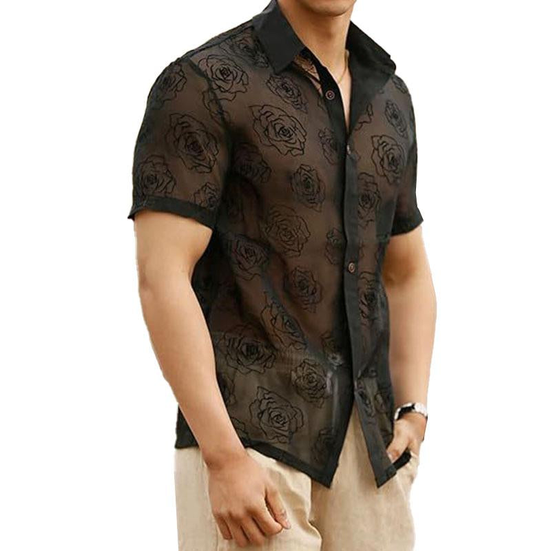 Short sleeve turnover collar print button see through top | dmunderwear detail image 2