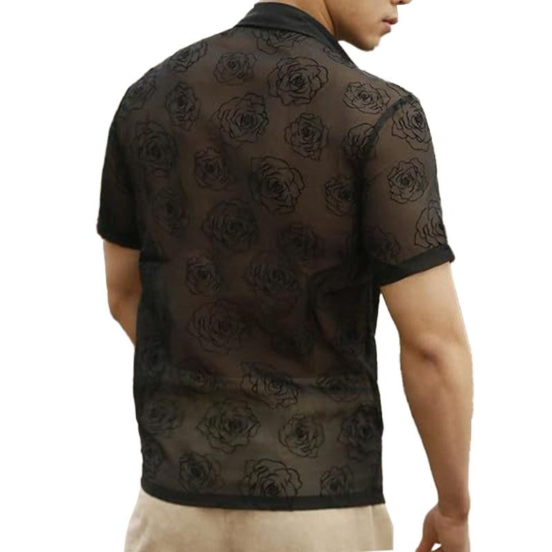 Short sleeve turnover collar print button see through top | dmunderwear detail image 3